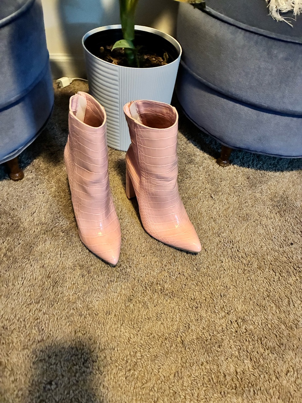 Fashion Nova Blush Pink Croc-Embossed Pointed Toe Ankle Boots
